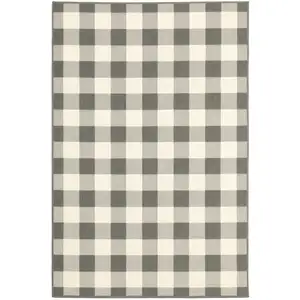 Photo of 7'x10' Gray and Ivory Gingham Indoor Outdoor Area Rug