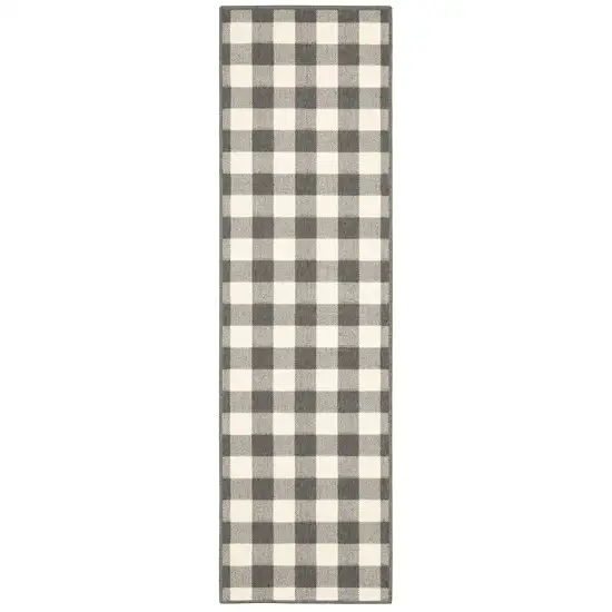 2'x8' Gray and Ivory Gingham Indoor Outdoor Runner Rug Photo 6