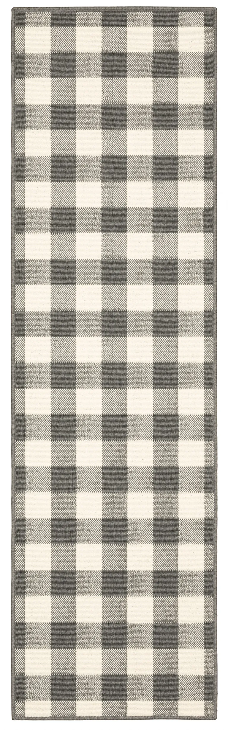 2'x8' Gray and Ivory Gingham Indoor Outdoor Runner Rug Photo 1