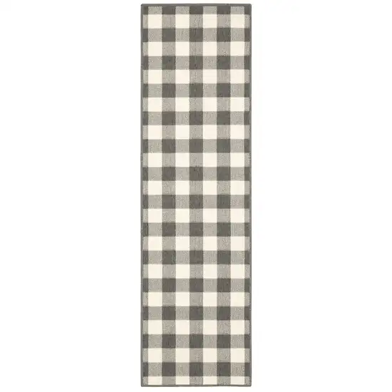 2'x8' Gray and Ivory Gingham Indoor Outdoor Runner Rug Photo 1