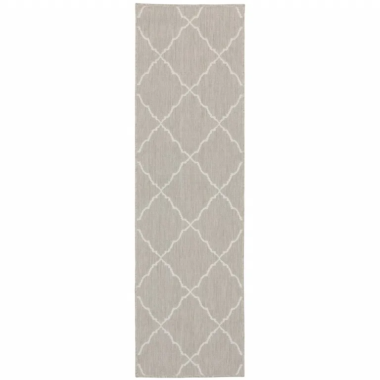 2'x7' Gray and Ivory Trellis Indoor Outdoor Runner Rug Photo 1