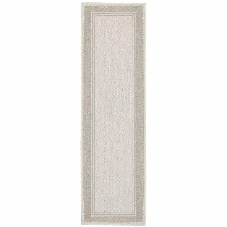 2'x7' Ivory and Gray Bordered Indoor Outdoor Runner Rug Photo 1