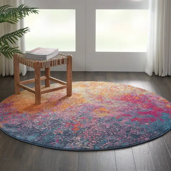 4' Blue And Orange Abstract Round Rug Photo 8