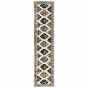 Photo of Abstract Ivory and Gray Geometric Indoor Runner Rug