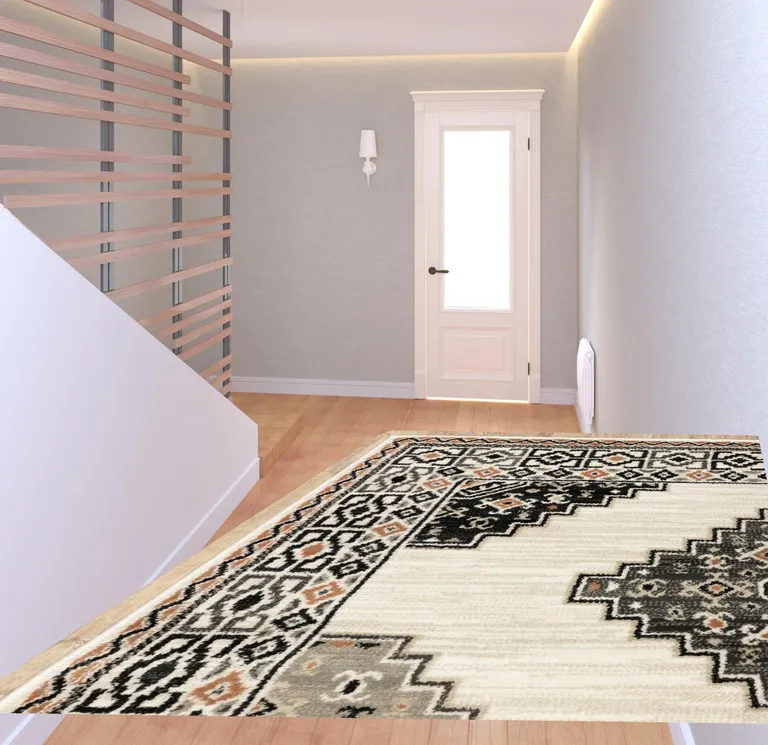 Abstract Ivory and Gray Geometric Indoor Runner Rug Photo 3