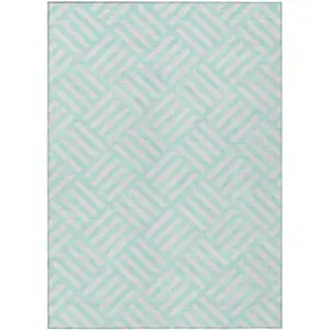 Photo of Aqua And Ivory Geometric Washable Indoor Outdoor Area Rug