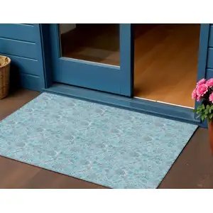 Photo of Aqua Blue And Silver Floral Washable Indoor Outdoor Area Rug