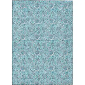 Photo of Aqua Blue And Silver Floral Washable Indoor Outdoor Area Rug