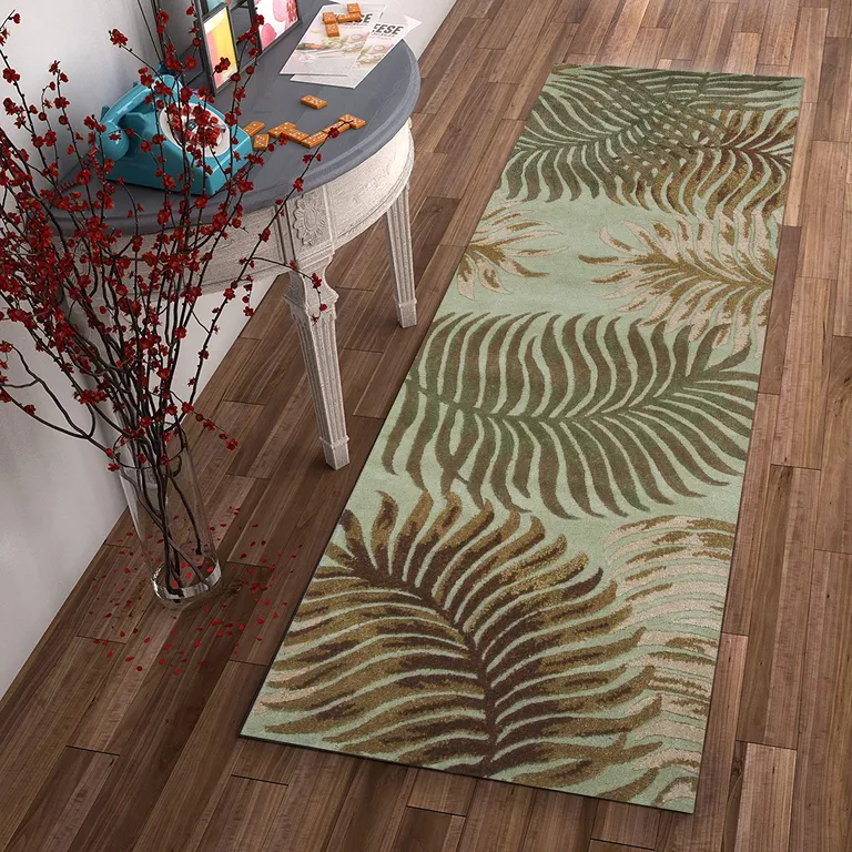 Aqua Blue Hand Tufted Tropical Leaves Indoor Runner Rug Photo 4