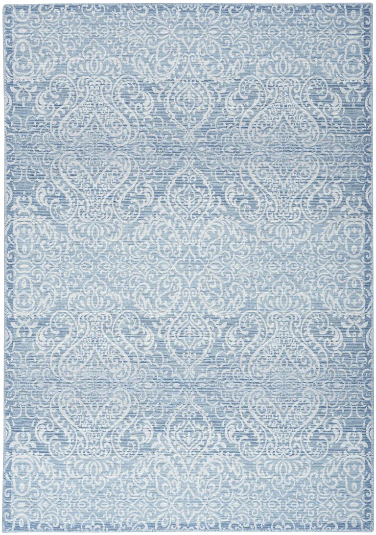 Aqua Damask Distressed Washable Area Rug Photo 1