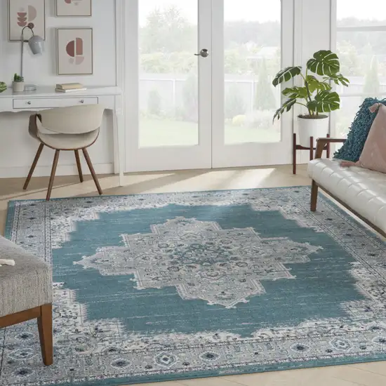 Aqua Floral Power Loom Distressed Area Rug Photo 6