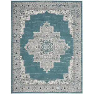 Photo of Aqua Floral Power Loom Distressed Area Rug