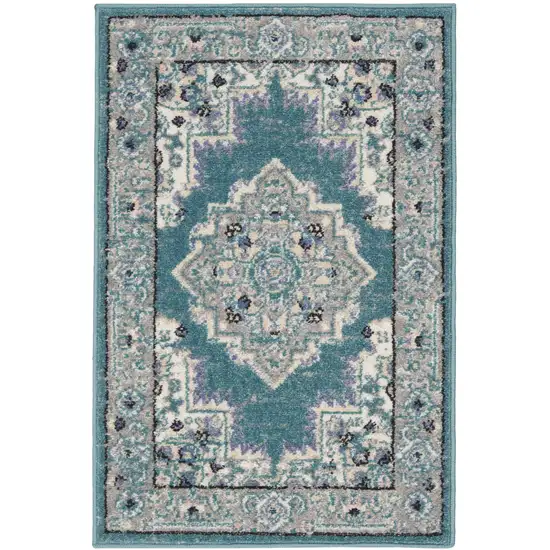 Aqua Floral Power Loom Distressed Area Rug Photo 1