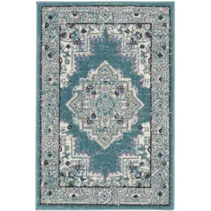 Photo of Aqua Floral Power Loom Distressed Area Rug