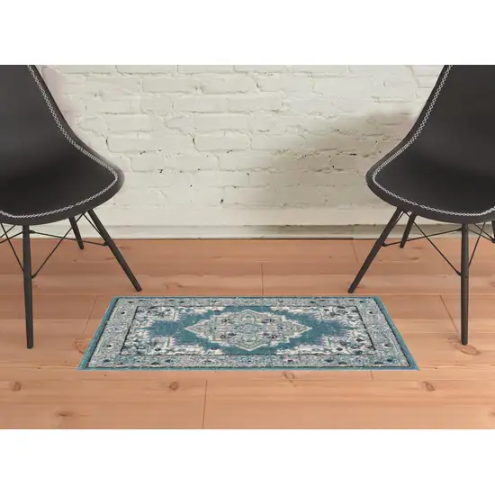 Aqua Floral Power Loom Distressed Area Rug Photo 2