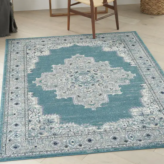 Aqua Floral Power Loom Distressed Area Rug Photo 6