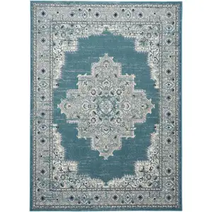 Photo of Aqua Floral Power Loom Distressed Area Rug