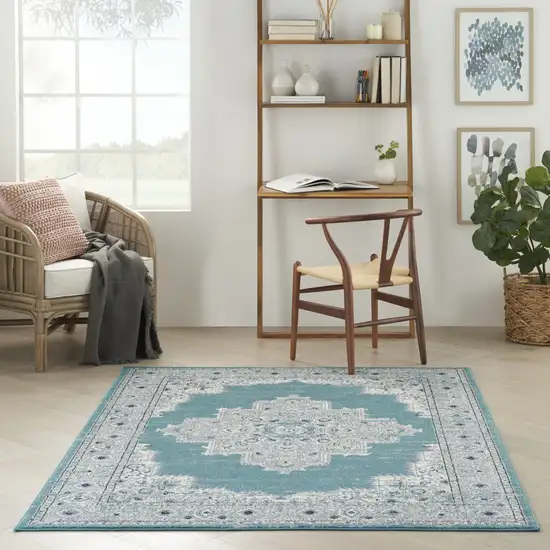 Aqua Floral Power Loom Distressed Area Rug Photo 7