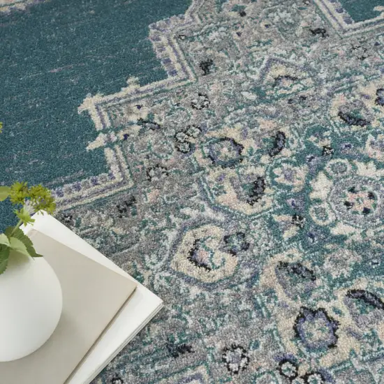 Aqua Floral Power Loom Distressed Area Rug Photo 5