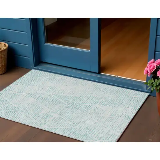 Aqua Geometric Washable Non Skid Indoor Outdoor Area Rug Photo 1