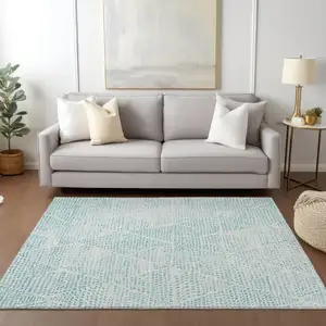 Photo of Aqua Geometric Washable Non Skid Indoor Outdoor Area Rug