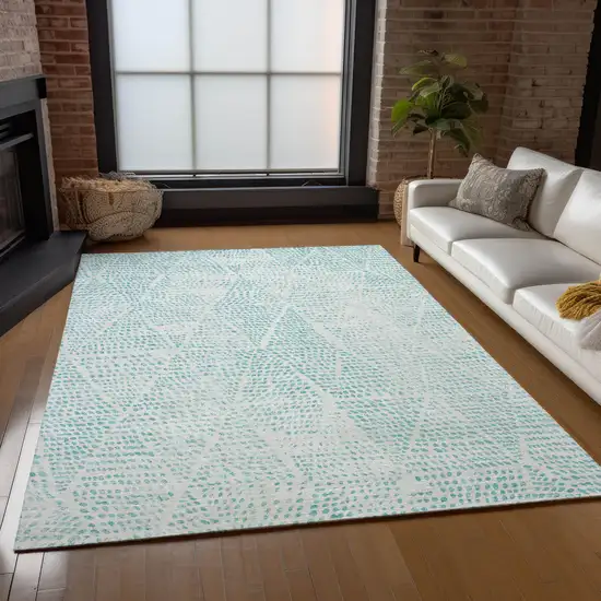 Aqua And Ivory Geometric Washable Indoor Outdoor Area Rug Photo 8