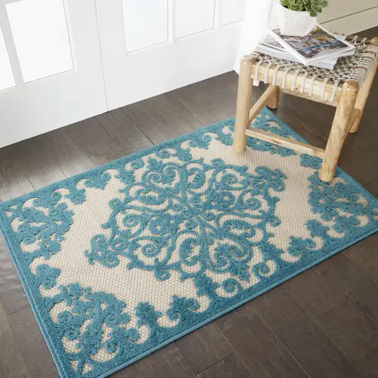 Aqua Damask Indoor Outdoor Area Rug Photo 7