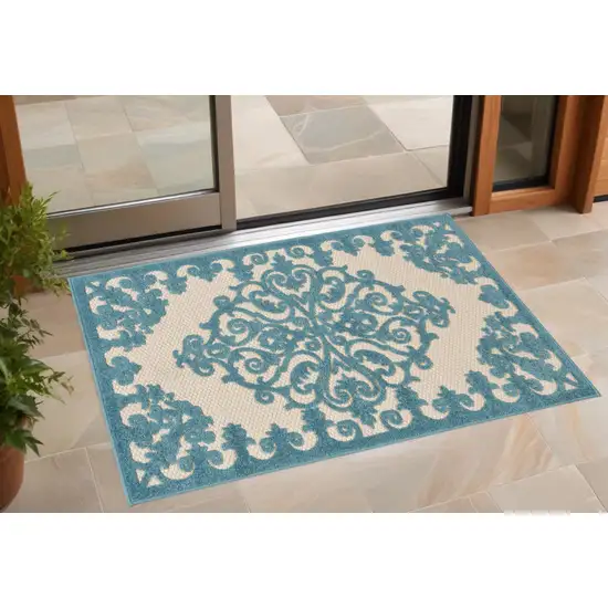 Aqua Damask Indoor Outdoor Area Rug Photo 1