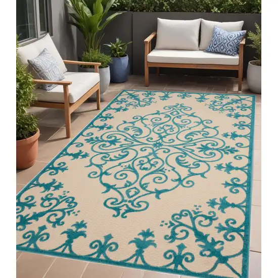 Aqua Damask Indoor Outdoor Area Rug Photo 1