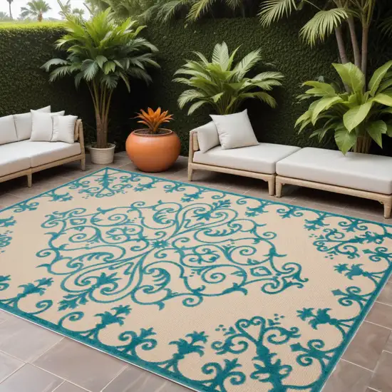 Aqua Damask Indoor Outdoor Area Rug Photo 1