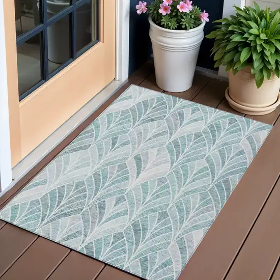 Aqua Mint Green And Silver Geometric Washable Indoor Outdoor Area Rug Photo 1