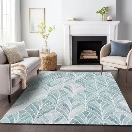 Aqua Mint Green And Silver Geometric Washable Indoor Outdoor Area Rug Photo 9