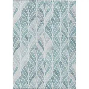 Photo of Aqua Mint Green And Silver Geometric Washable Indoor Outdoor Area Rug