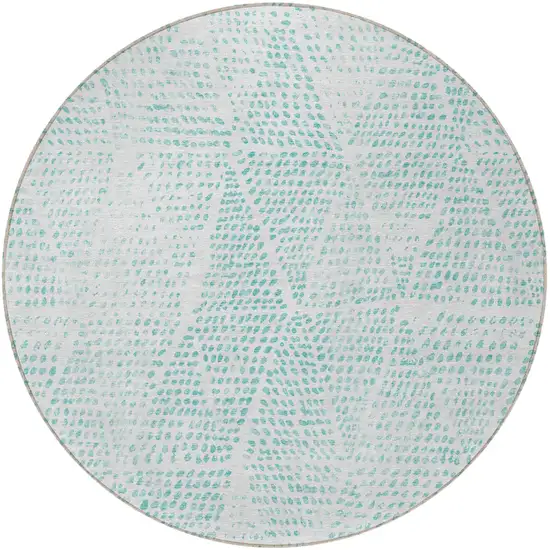 8' Aqua And Ivory Round Geometric Washable Indoor Outdoor Area Rug Photo 5