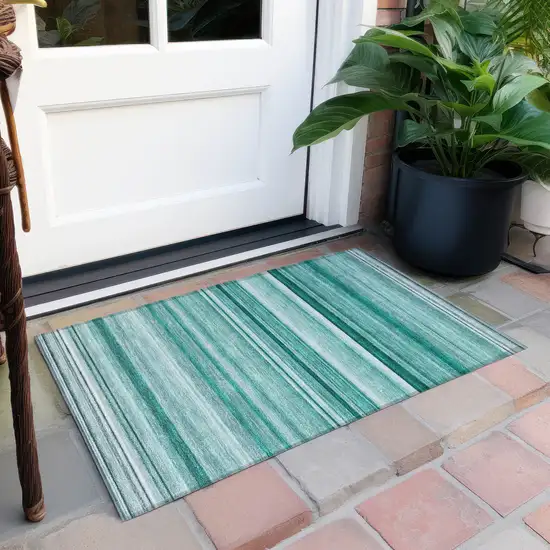 Aqua Striped Washable Non Skid Indoor Outdoor Area Rug Photo 7