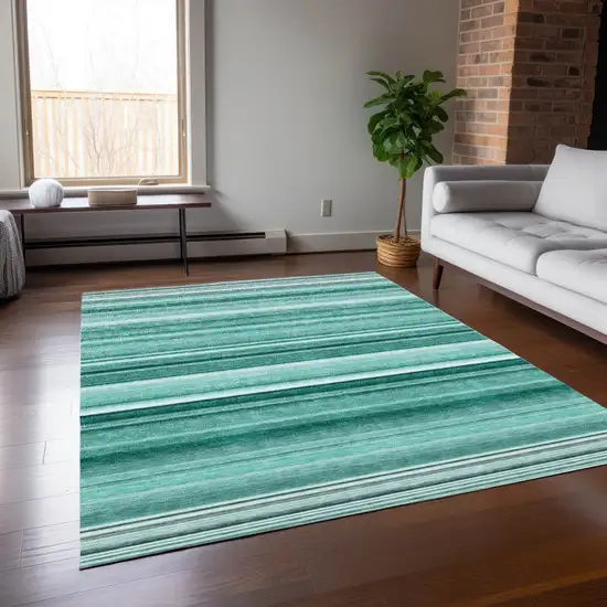 Aqua Striped Washable Non Skid Indoor Outdoor Area Rug Photo 7