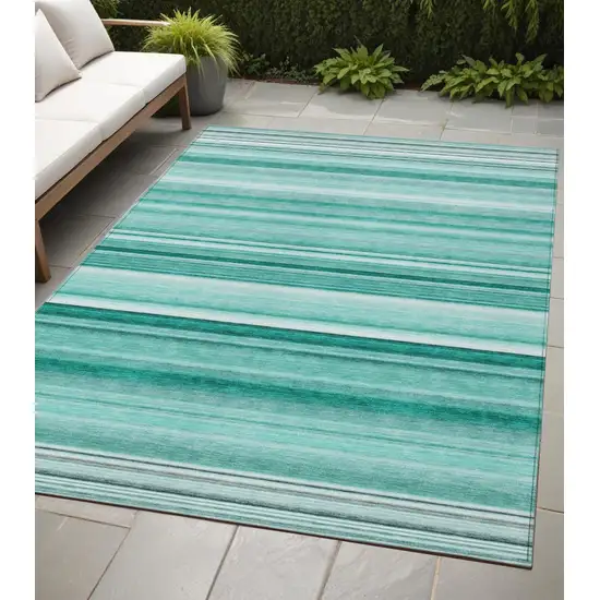 Aqua Striped Washable Indoor Outdoor Area Rug Photo 1