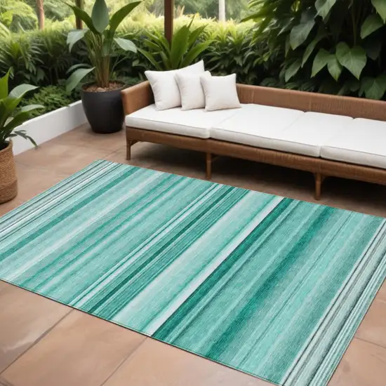 Aqua Striped Washable Indoor Outdoor Area Rug Photo 1