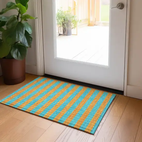 Aqua Striped Washable Non Skid Indoor Outdoor Area Rug Photo 9