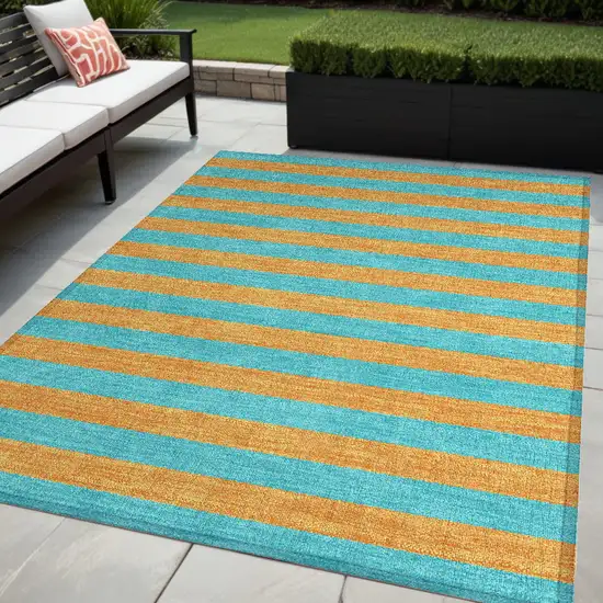 Aqua Striped Washable Non Skid Indoor Outdoor Area Rug Photo 1