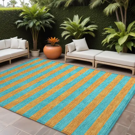 Aqua Striped Washable Non Skid Indoor Outdoor Area Rug Photo 1