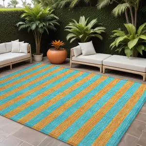 Photo of Aqua Striped Washable Non Skid Indoor Outdoor Area Rug