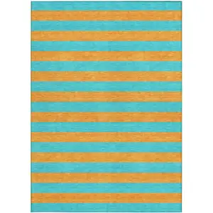 Photo of Aqua Striped Washable Non Skid Indoor Outdoor Area Rug