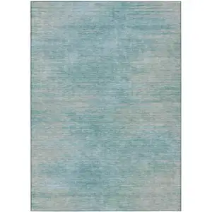 Photo of Aqua Teal Blue And Gray Abstract Washable Indoor Outdoor Area Rug