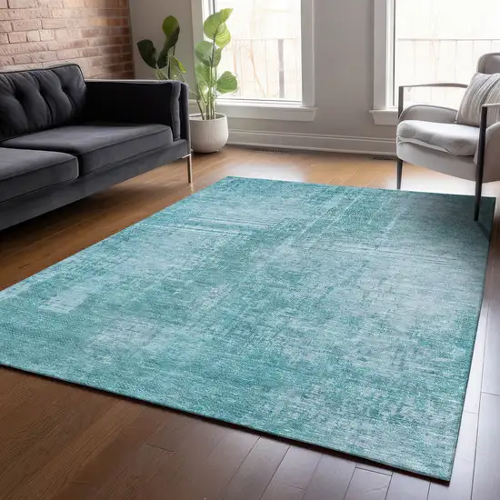 Aqua Teal Blue And Gray Abstract Washable Indoor Outdoor Area Rug Photo 8