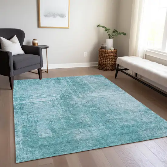 Aqua Teal Blue And Gray Abstract Washable Indoor Outdoor Area Rug Photo 9