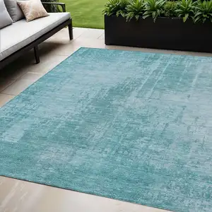 Photo of Aqua Teal Blue And Gray Abstract Washable Indoor Outdoor Area Rug