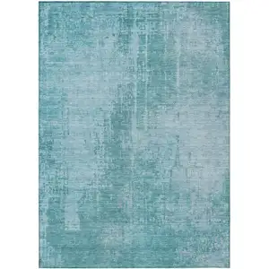 Photo of Aqua Teal Blue And Gray Abstract Washable Indoor Outdoor Area Rug