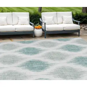 Photo of Aqua Teal Blue And Ivory Ikat Washable Indoor Outdoor Area Rug