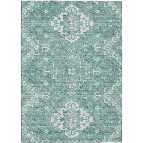 Aqua Teal Blue And Ivory Medallion Washable Indoor Outdoor Area Rug Photo 2